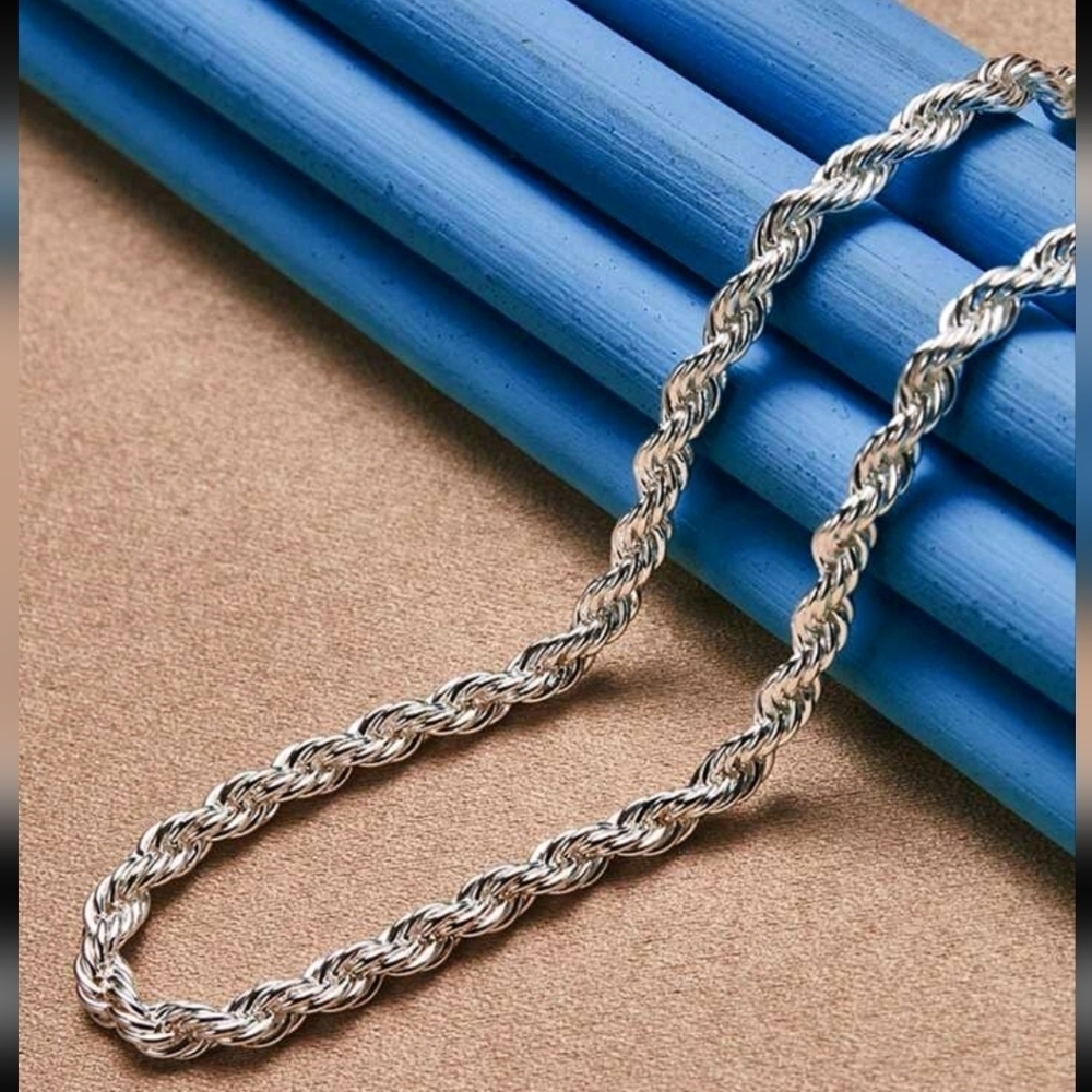 Unisex Plated Sterling Silver 4mm Twisted Rope chain Necklace 20.5" - Picture 8 of 8